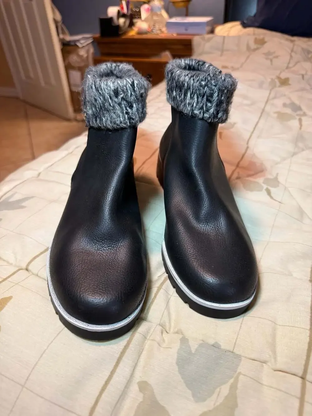 Adrienne Vittadini Sport Trapeza Black Faux Leather Wedge Ankle Boots  Knit Cuff